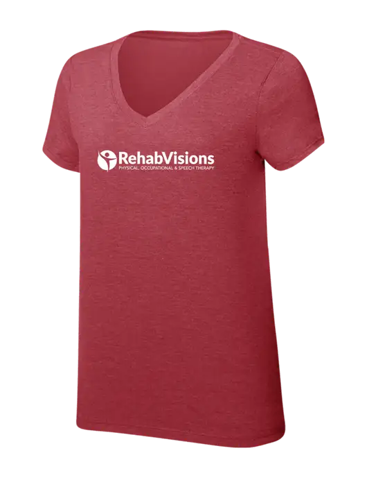 Womens Simply Soft V-Neck Red Frost 4.5oz  Poly/Combed Ring Spun Cotton T-Shirt w/RehabVisions POST Logo