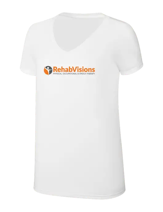 Womens Simply Soft V-Neck White 4.5oz  Poly/Combed Ring Spun Cotton T-Shirt w/RehabVisions POST Logo